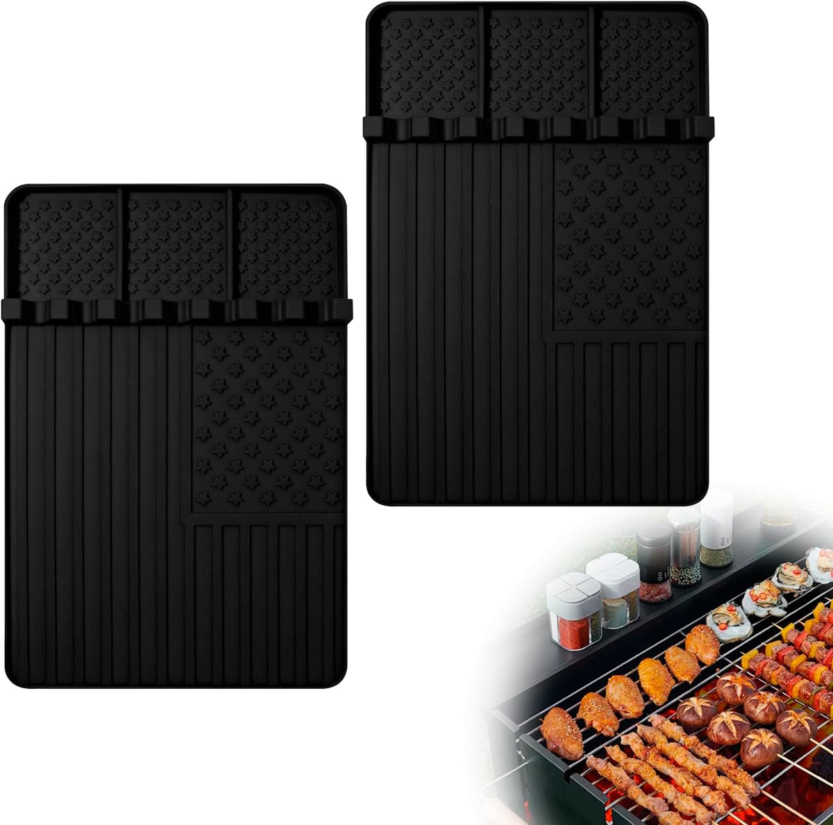 2 PCS Silicone Griddle Tools Mat for Blackstone,Grill BBQ Caddy Utensils Holder for Kitchen,Cooking & Countertop,Large Spatula Mat with Drip Pad,Griddle Accessories for Blackstone (black 2pcs)