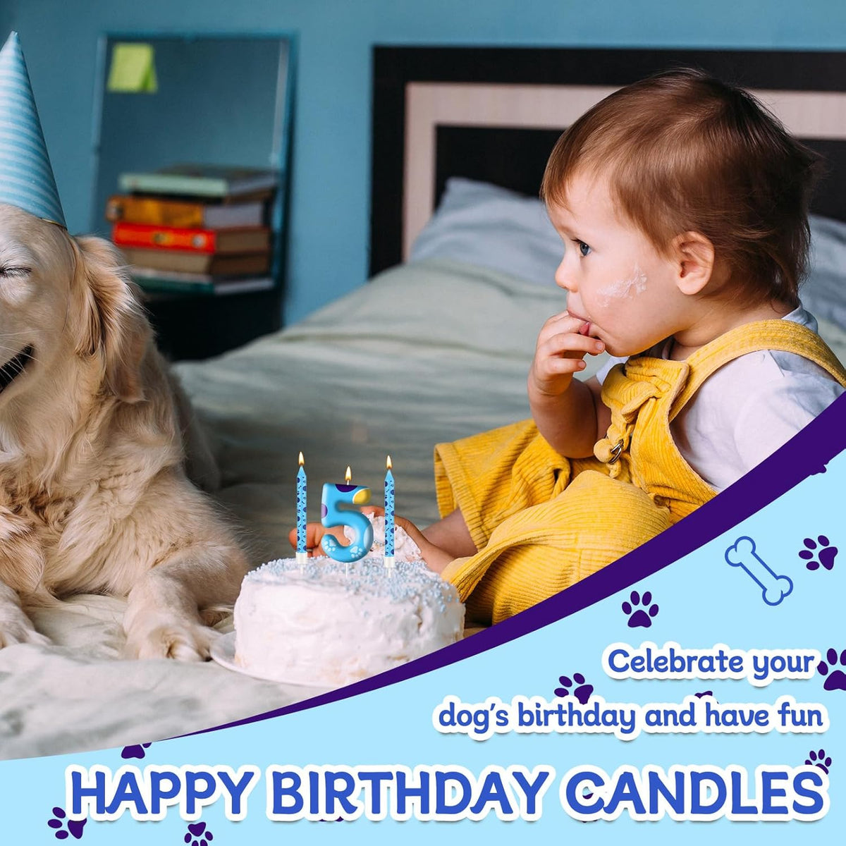 13PCS Blue Dog Paw Birthday Candles Set Cake Topper Numeral Birthday Candles for Boy Girl Dog Paw Decoration(Number 5)