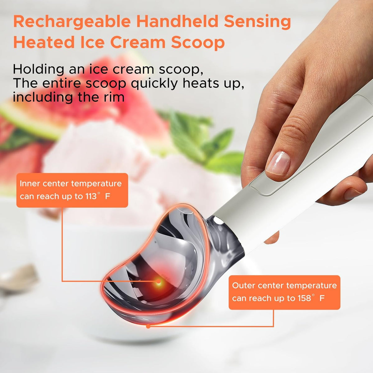 LT LAUDTEC Heated Ice Cream Scoop, Rechargeable Electric Warming Scooper, Heats to 158F for Hard Ice Cream, IP67 Waterproof, Easy for Seniors & Kids (White)
