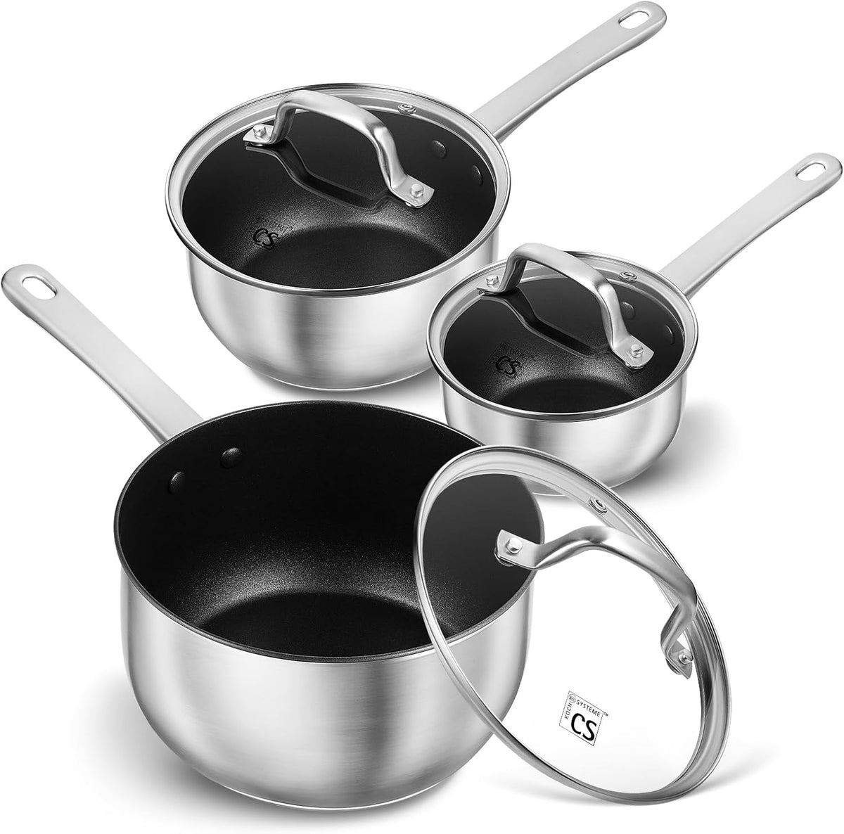 KOCH SYSTEME CS Stainless Steel Saucepan Set, 1QT & 2QT & 3QT Stainless Steel Sauce Pan with Nonstick Coating, Induticon Sauce Pan Sets with Lids, Easy to Clean, Oven Safe