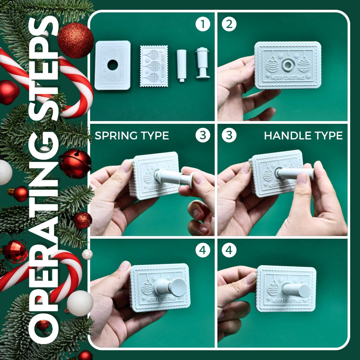 Christmas Cookie Cutters, 4-Piece 3D MERRY CHRISTMAS Plastic Cookie Stamp Set, Comes with Merry Christmas in English, Perfect for Christmas cookie baking and parties