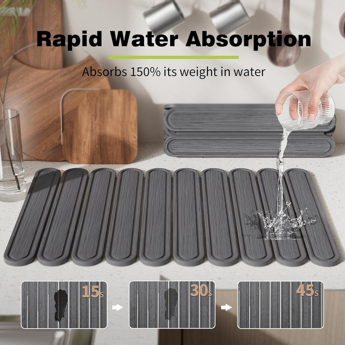 Stone Dish Drying Mat or Kitchen Counter, Quick Dry Stone Mat Kitchen for Dishes Bottles Cups, Large Foldable Diatomaceous Earth Dish Drying Mats Match Any Countertop, Dark Grey