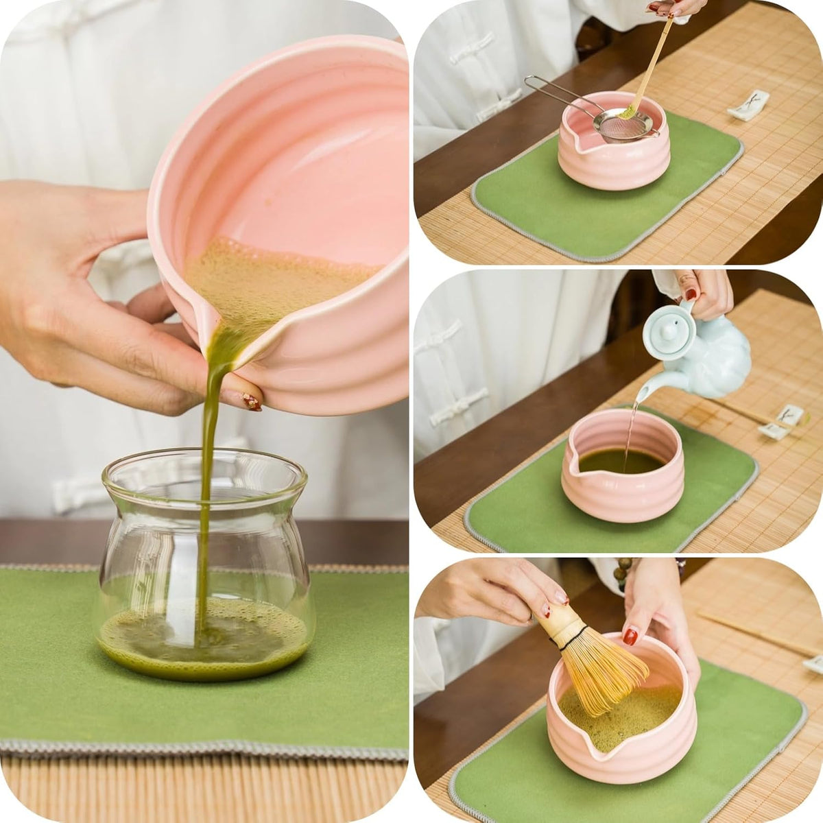 Matcha whisk Set,7 Pcs Matcha Making Kit with whisk Whisk, Ceramic Bowl, Sifter, Scoop, Holder, Stand, and Tea Towel for Ultimate Matcha Experience(Pink)