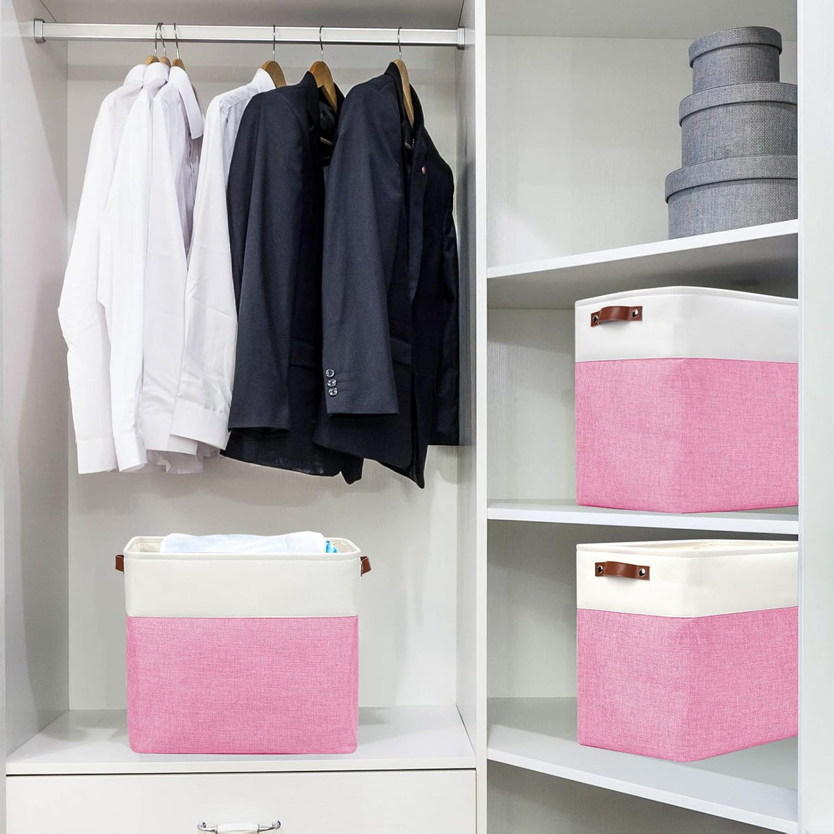 Large Fabric Storage Baskets | 50L Storage Bins, Decorative Linen Closet Baskets with Handles for Organizing, Shelf, Toys, Clothes, Home, Office, Nursery, 17x12x15Inches (Pink&White)