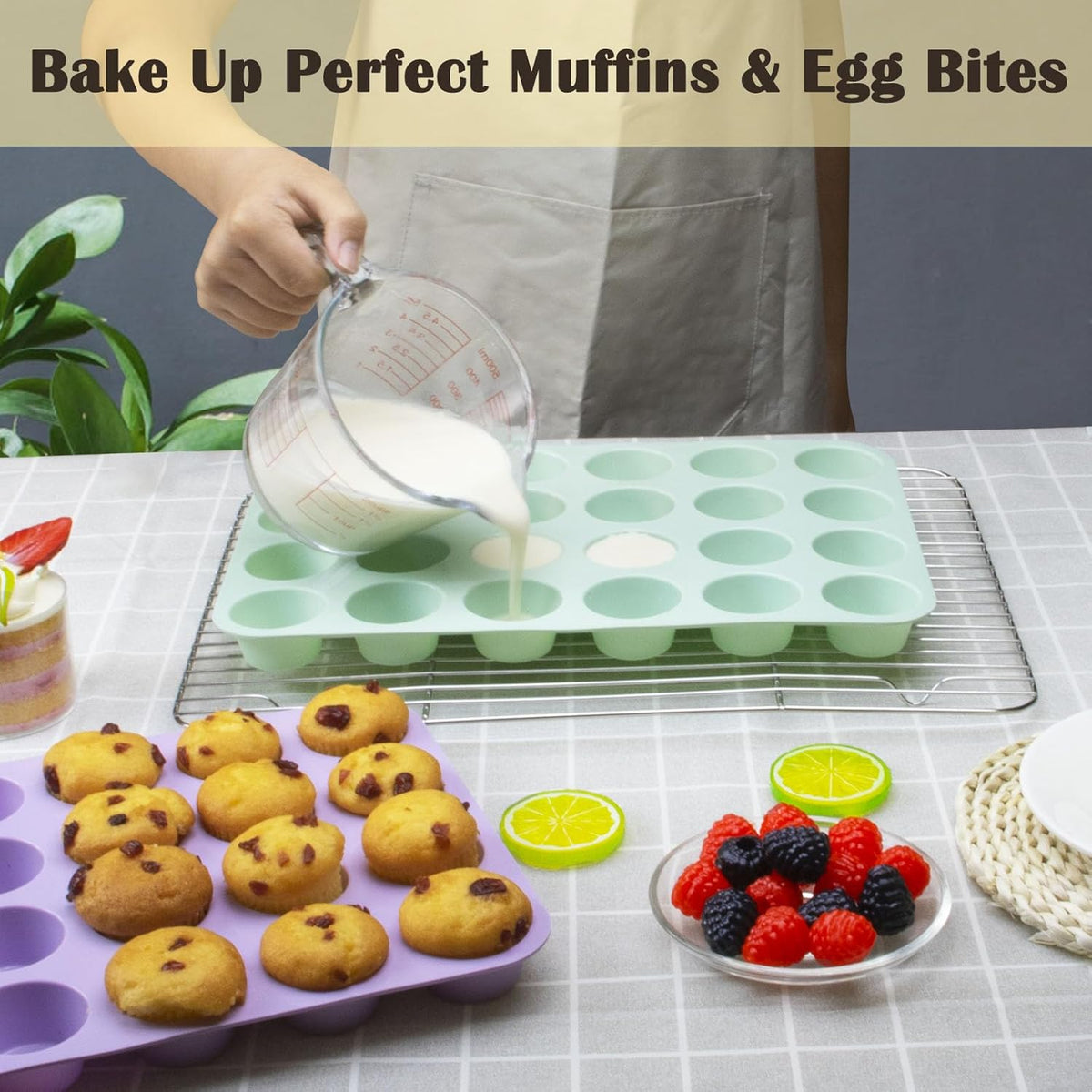 24 Cups Silicone Mini Muffin Pan Set, Nonstick Mini Cupcake Pans, BPA Free Small Muffin Tin for Baking, Set of 2 (Green+Purple)