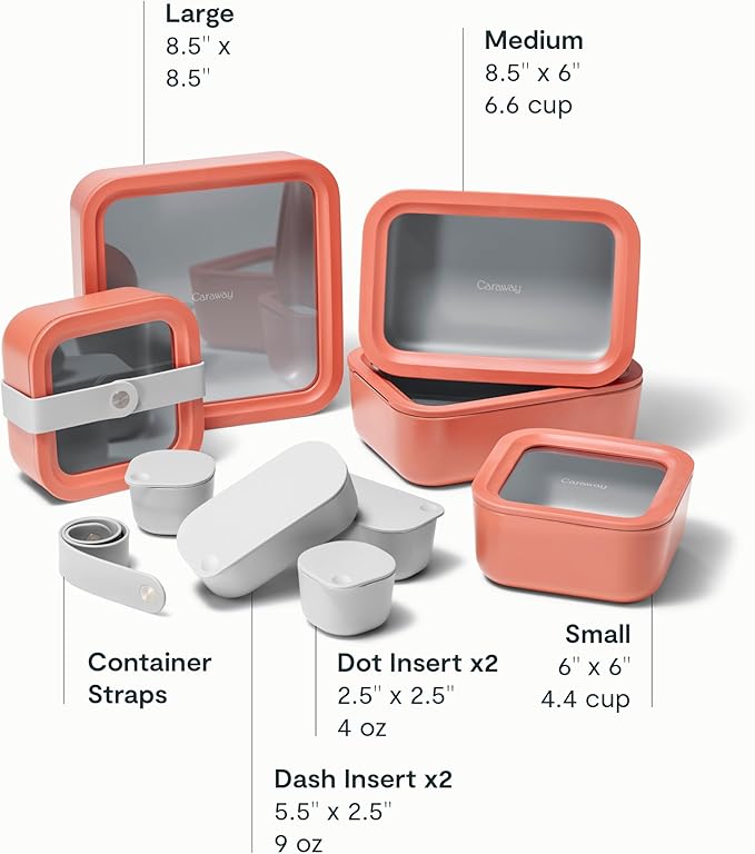 Caraway 14pc Glass Food Storage Container Set - Easy to Store, Non Toxic Lunch Box - with Glass Lids - Includes Storage Organizer & Dot & Dash Inserts - Perracotta