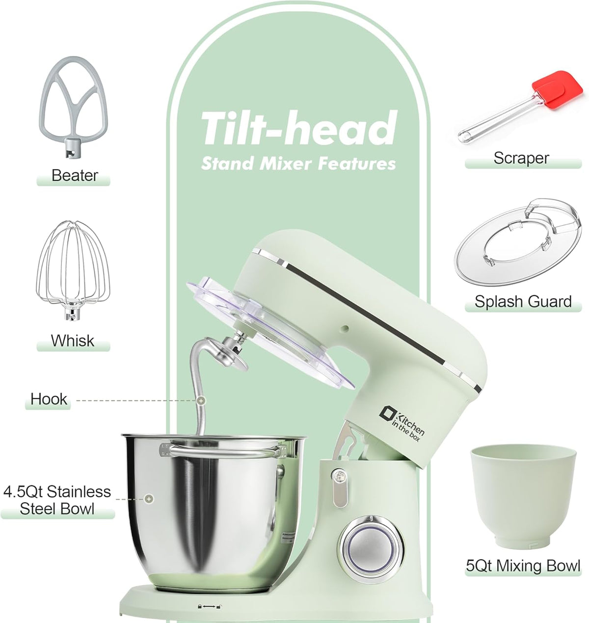 Kitchen in the box Stand Mixer, 4.5QT+5QT Two bowls Electric Food Mixer, 10 Speeds 3-IN-1 Kitchen Mixer for Daily Use with Egg Whisk,Dough Hook,Flat Beater (Pastel Green, 5QT)