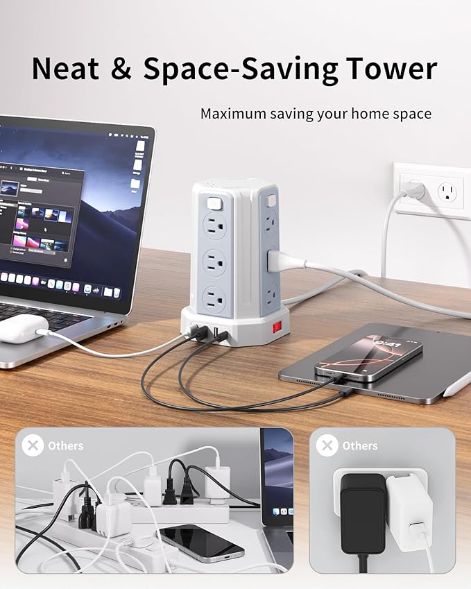 Power Strip Surge Protector, 10 Ft Extension Cord with 12 AC Multiple Outlets 4 USB (1 USB C), SMALLRT Power Tower Desktop Charging Station (White, 6.5 FT)