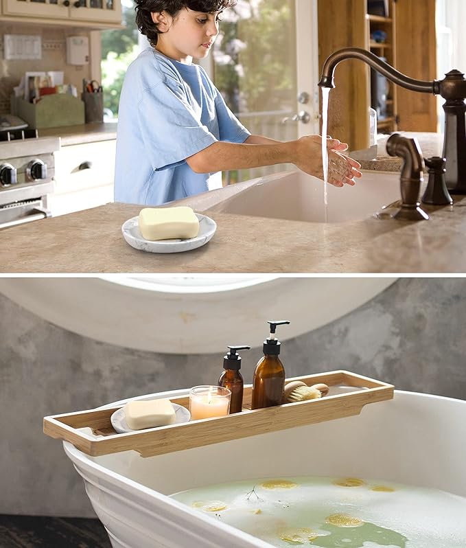 Luxspire Soap Dish, Resin Soap Tray Soap Holder Container Box, Marble Pattern Oval Soap Plate Case, Sponge Dish Scrubbers Tray Holder for Bathroom Vanity Shower Kitchen Sink Counter Top, Gravel White