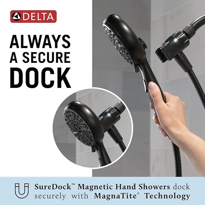 Delta Faucet 6-Spray SureDock Magnetic Shower Head with Handheld Spray, Matte Black Shower Head with Hose, Showerheads & Handheld Showers, MagnaTite Docking, Matte Black 75609BL