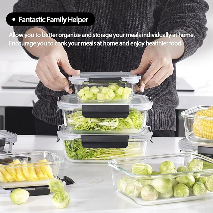 Glass Food Storage Containers with Lids Airtight, Glass Meal Prep Containers with Snap Lids for Food, Bpa-free,Easy to Open&Close/Microwave,Oven,Freezer,Dishwasher Safe/Leak-proof [10 Pack]