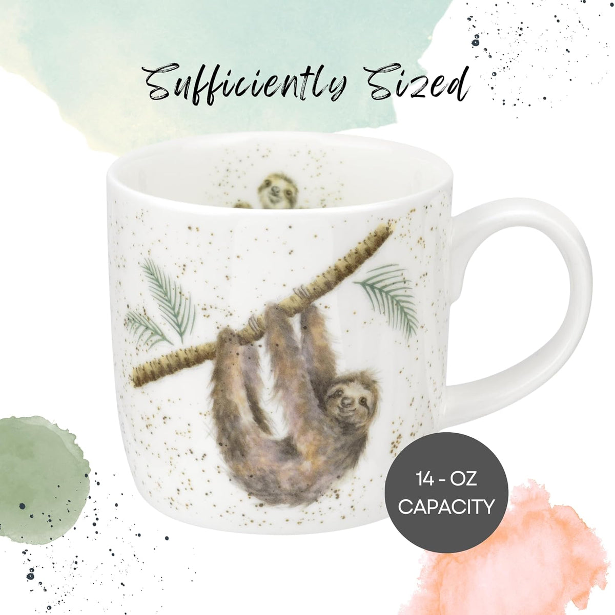 Royal Worcester Wrendale Designs Farmhouse Style Mug, Hanging Around - 14 oz Fine Bone China Mug with Sloth Illustration for Cozy Kitchen Vibes - Floral Drinkware for Daily Comfort
