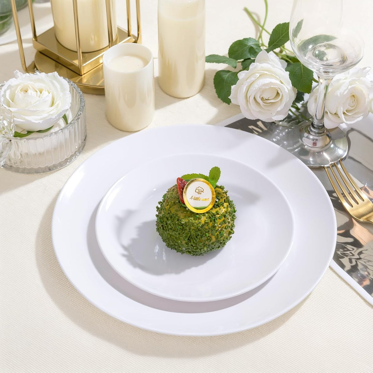 PULOTE 200 Pieces White Plastic Plates Disposable - Include 100PCS 10 inch Dinner & 100PCS 7 inch Dessert Plates, Ideal for Party & Wedding