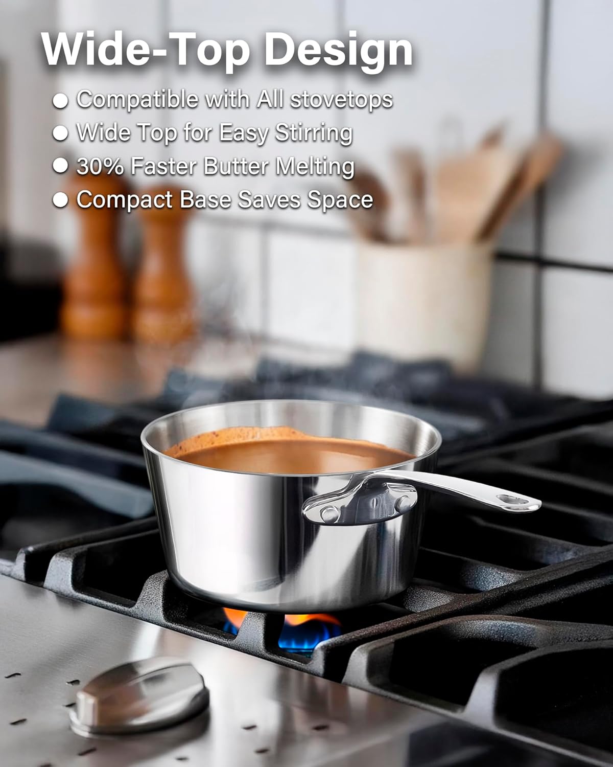 D&M Butter Warmer Set, 4-Piece Milk Frother and Chocolate Melting Pot, Multi-Ply Clad Stainless Steel Small Saucepan for Induction Stovetop, Coffee, Butter, Syrup, 0.14/0.23/0.39/0.57 Quart
