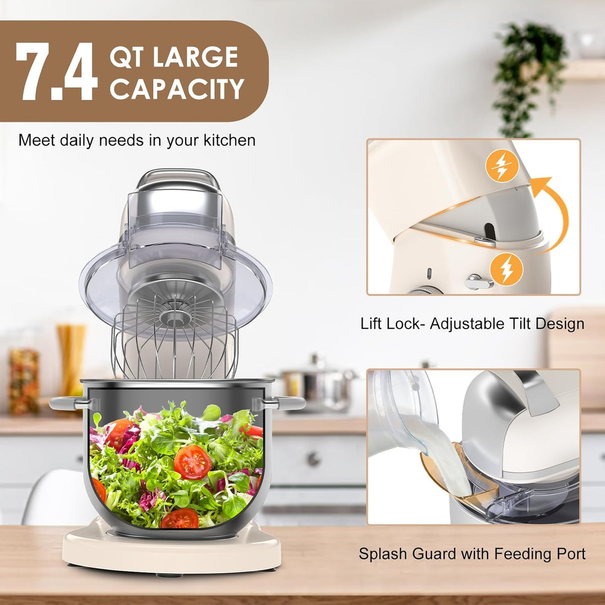 ZACME 7.4QT Household Stand Mixer 800W with CSA Certified and Aluminum Die Casting, Kitchen Electric Mixer Metal Food Mixer with Stainless Steel 7L Bowl, Dough Hook, Whisk and Beater