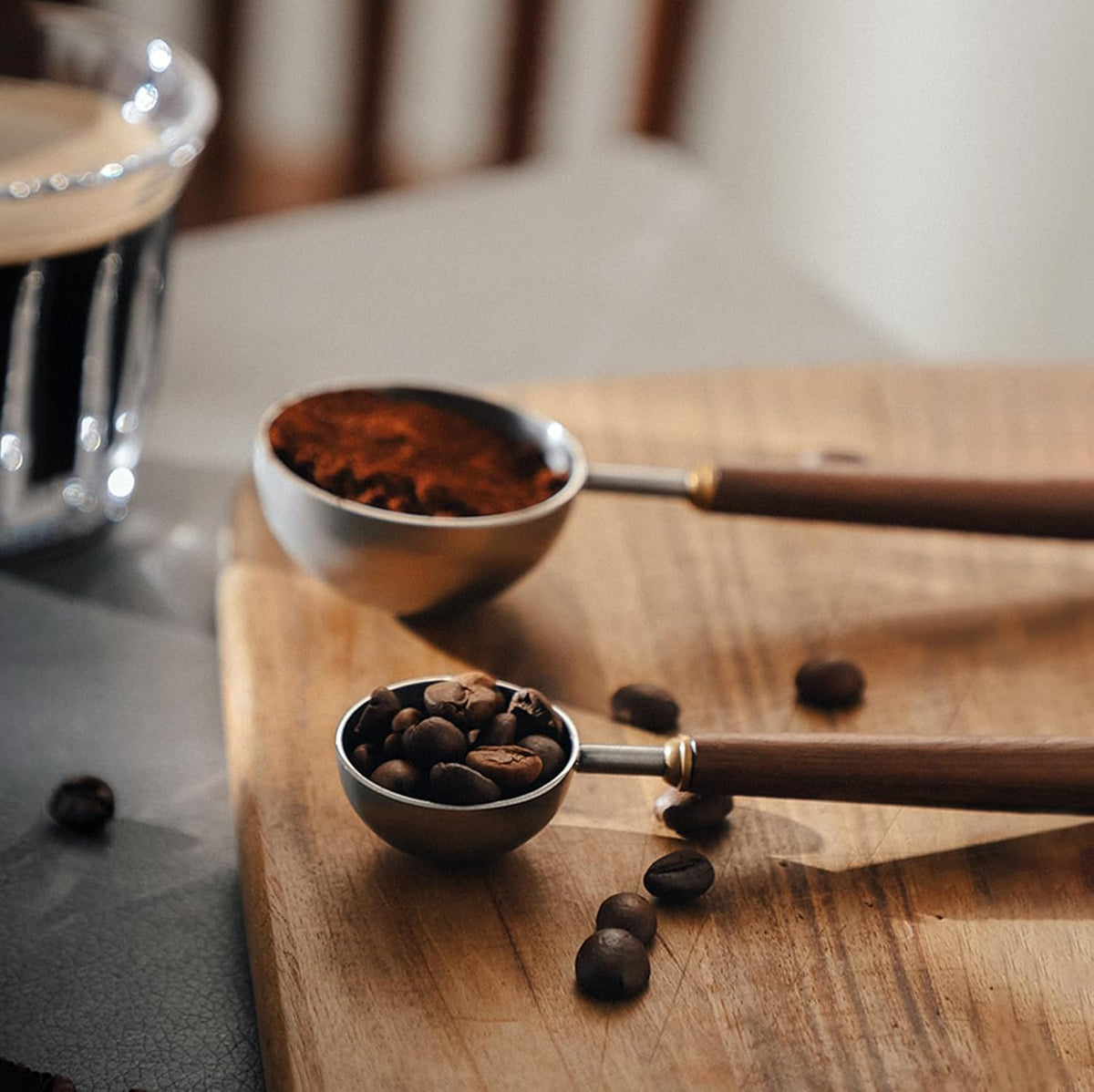 Coffee Spoon - Vintage Walnut Wood Handle, Stainless Steel Coffee Scoop ，Stainless Steel Tea Scoopand Seasoning Spoons (1, Rose Gold, 5g Capacity)