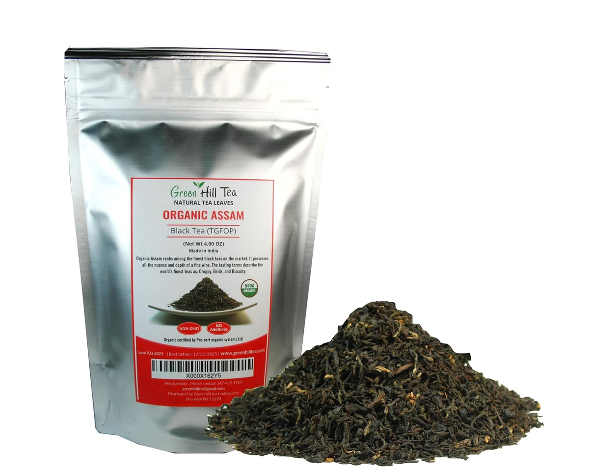 Greenhilltea, Organic Assam (TGFOP) Black teaWith Tippy and Flowery premium loose leaves tea packed in resealable zip lock foil bag 4 OZ