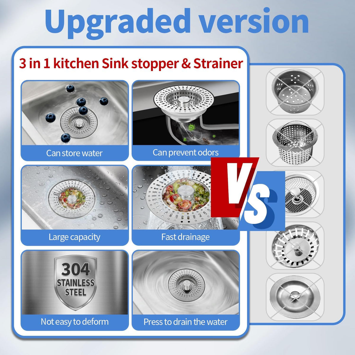 Upgraded 3 in 1 Kitchen Sink Drain Filter - Stainless Steel Sink Stopper, Anti-Clogging Sink Food Catch Basket, Quick Drain Odor Filter Sink Stopper(Silver-2pcs)