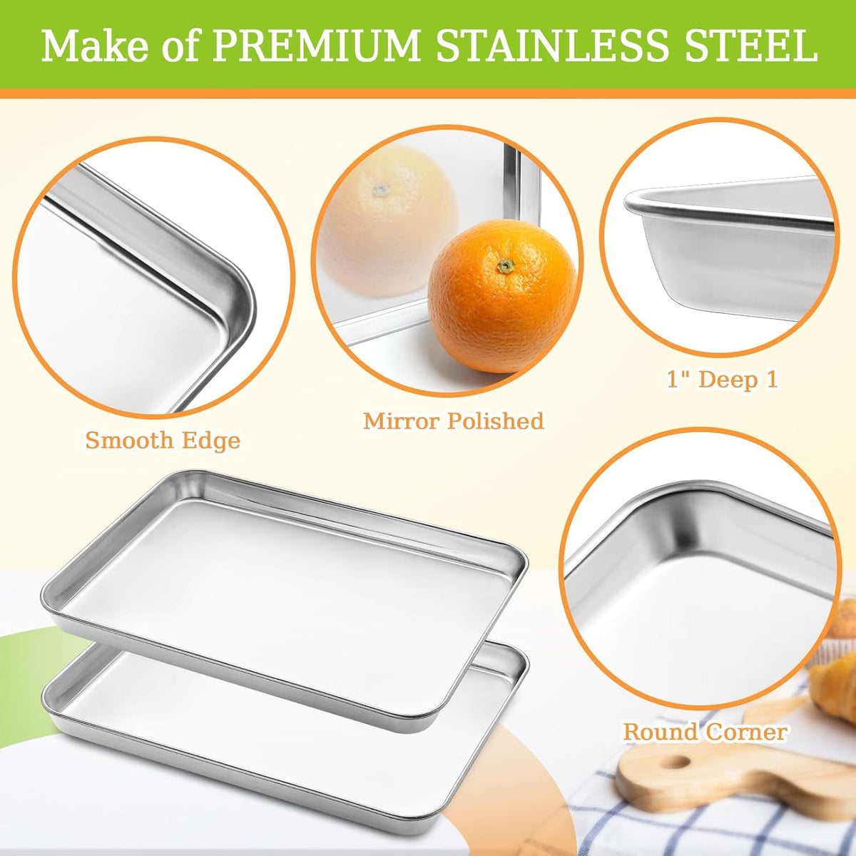 Baking Sheet Set of 2 - CEKEE Stainless Steel Cookie Sheet Baking Pan, Size 10 x 8 x 1 inch, Non Toxic & Heavy Duty & Mirror Finish & Rust Free & Easy Clean