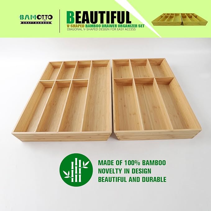 V-Shaped Extra Large Bamboo Drawer Organizer Set of 2, Kitchen Cutlery Tray Utensil Plate, Flatware&Silverware Storage Box, Wood Organizer for Bedroom, Living Room (19.6"x14.6" & 19.6"x12.4")