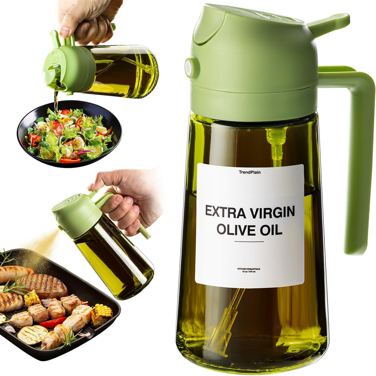 TrendPlain - Original 16oz/470ml Olive Oil Dispenser Bottle for Kitchen Gadgets and Air Fryer Accessories - Olive Oil Sprayer for Cooking w/Stickers - Green
