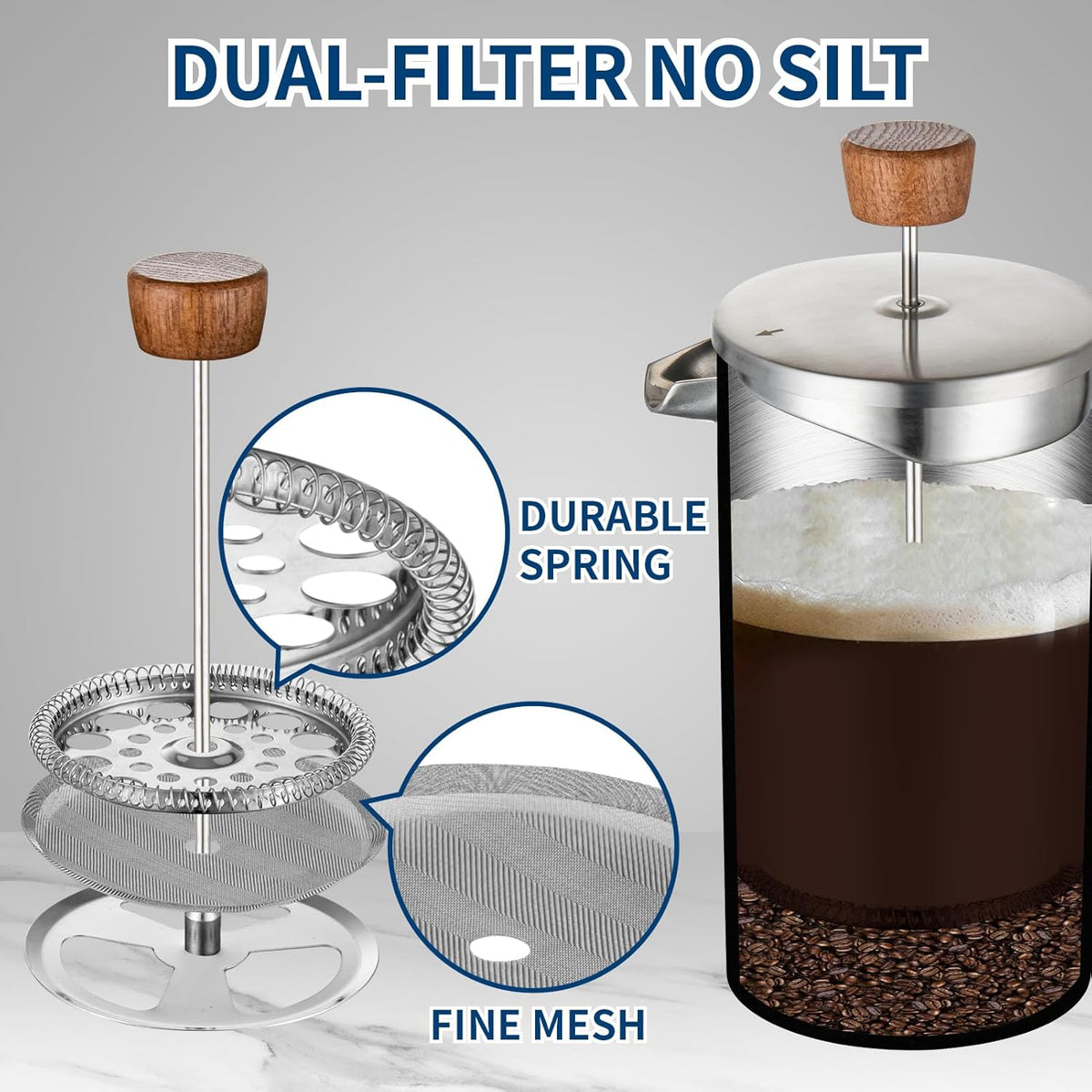 BERTILLE french press coffee maker, 34OZ 304 food stainless steel French press coffee maker with solid wood handle, double-layer insulation and 3-layer filtration system (silver)