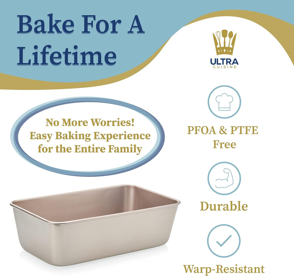 Ultra Cuisine Nonstick Bread Pan - 9.5x5 inch Loaf Pan, 1 lb - Easy Clean, Quality, Durable Bread Tin for Oven Baking Quick Bread, Meatloaf, Banana Bread, Cake - Easy Release, PFOA & PTFE Free Coating