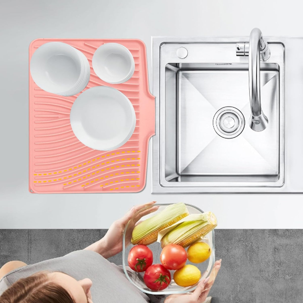 Silicone Dish Drying Mat for Kitchen Counter, Dish Drying Pad, Non-Slip Drain Pad with Built-in Drain, Heat Resistant Stone Drying Mat(15.8" x 13", Pink)