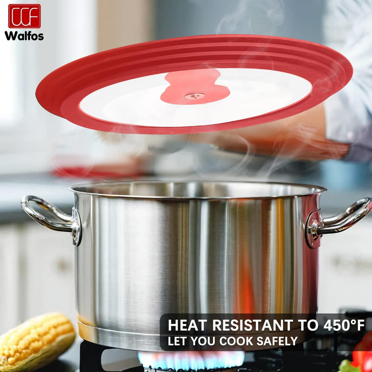 Universal Lid for Pots, Pans and Skillets - Walfos Tempered Glass Pan Lid with Heat Resistant Silicone Rim, BPA Free Large Pot Lids Fits 10", 11" and 12" Diameter Cookware, Dishwasher-Safe, Red