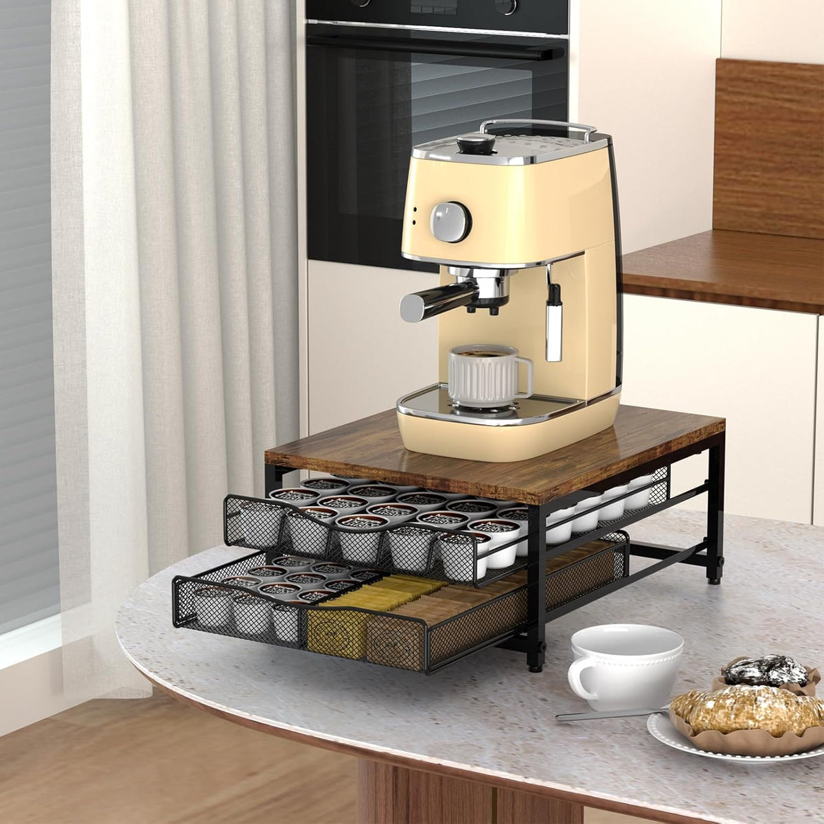 Coffee Pod Holder For Counter, Wooden K Cup Holder with Sliding Drawer, Large Capacity Coffee Pod Storage for Coffee Station, Home, Office, Kitchen