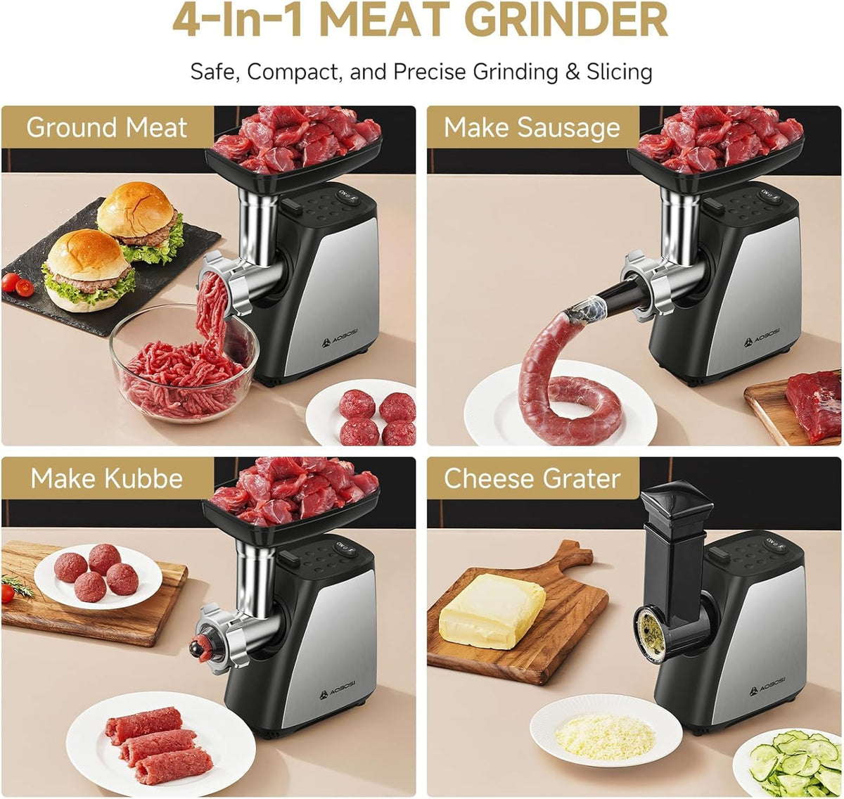 AAOBOSI Meat Grinder, 4-In-1 Meat Grinder Electric [2800W Max] with 3 Slice, Shred Blades,2 Blades,3 Plates,Sausage Stuffer,Kubbe Kit, for Home Kitchen Use, Stainless Steel