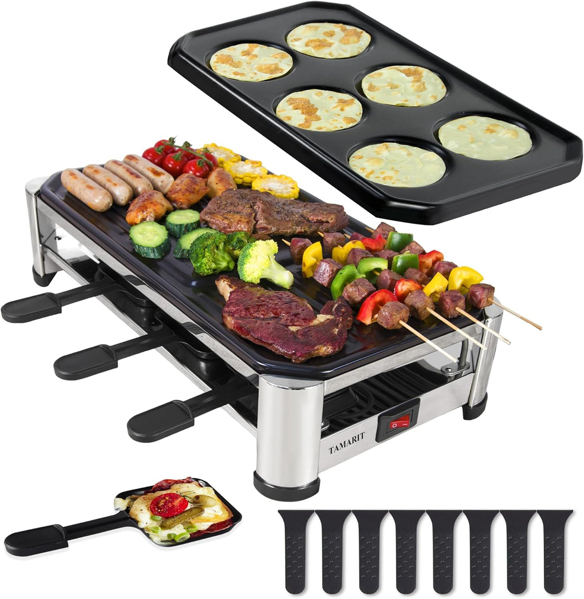 TAMARIT 8-Person Raclette Grill, Electric Party Grill with Nonstick grill & crepe Plates, 8 Pans & Spatulas, 1500W (Indoor), Stainless Steel