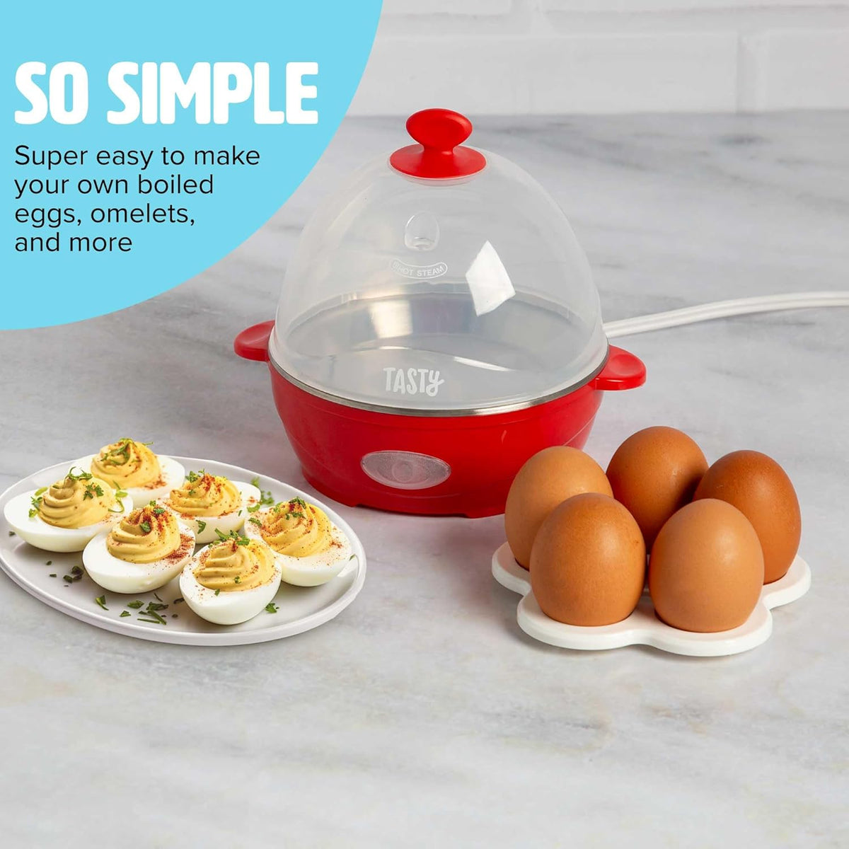 Tasty Mini Rapid Egg Cooker, 5-Egg Capacity for Perfect Hard Boiled Eggs or Omelets, Auto Shut Off, Red