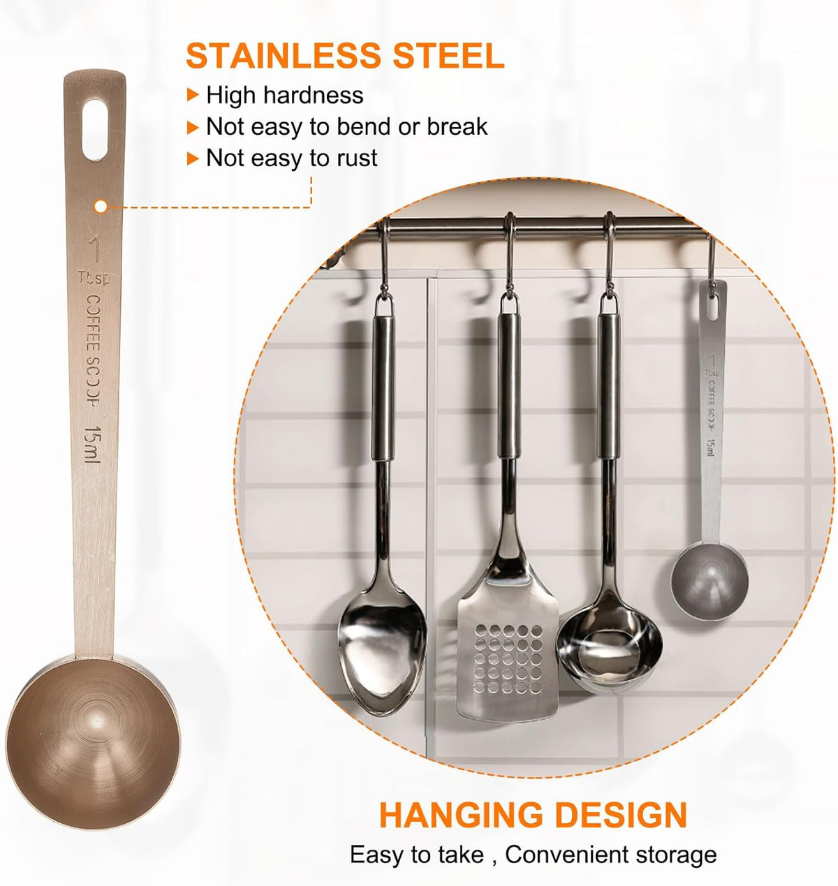 HARFINGTON 2pcs Coffee Scoop Spoon 1tbsp (3tsp, 15ml) 304 Stainless Steel Long Handle Teaspoon/Tablespoon Measuring Spoons Scoops for Tea Sugar Kitchen, Rose Gold