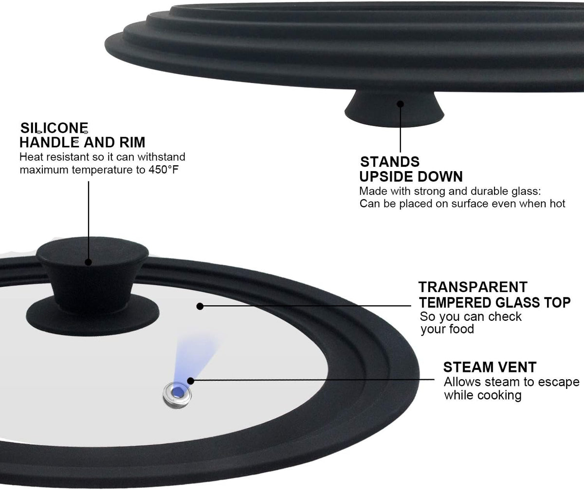 Universal Lid for Pots, Pans and Skillets - Tempered Glass with Heat Resistant Silicone Rim, Fits 11", 12" and 12.5" Diameter Cookware