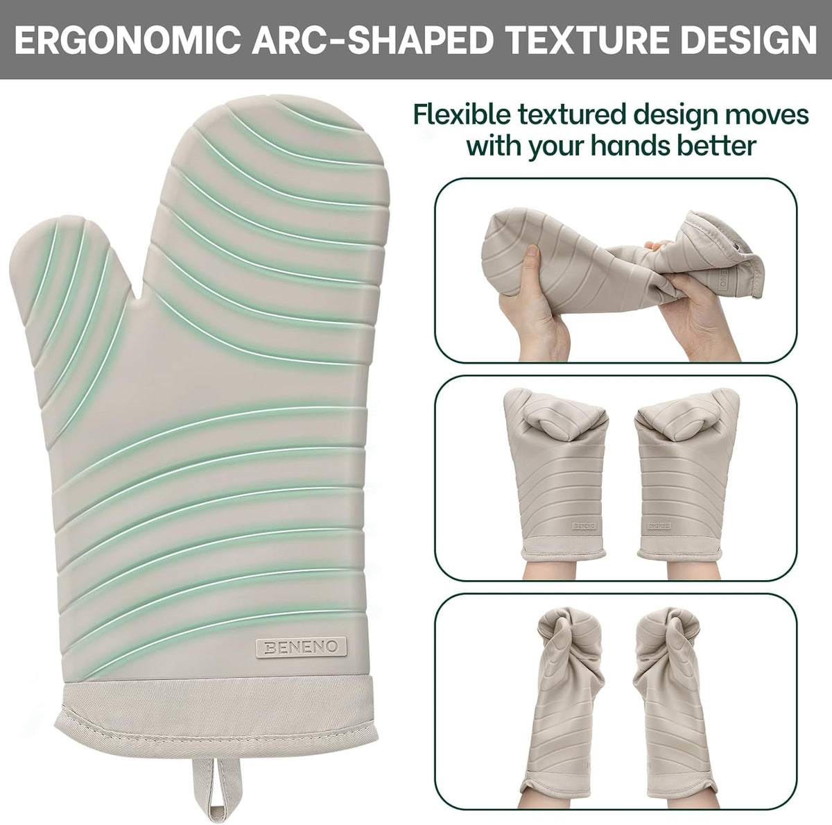 Beneno Oven Mitts, Heat Resistant BPA-Free Soft Silicone Oven Mitts 2-Pack, Waterproof Non-Slip Flexible Oven Gloves with Comfort Cotton Lining, Durable Kitchen Mitt Set for Baking Grill, 7"x13" Beige