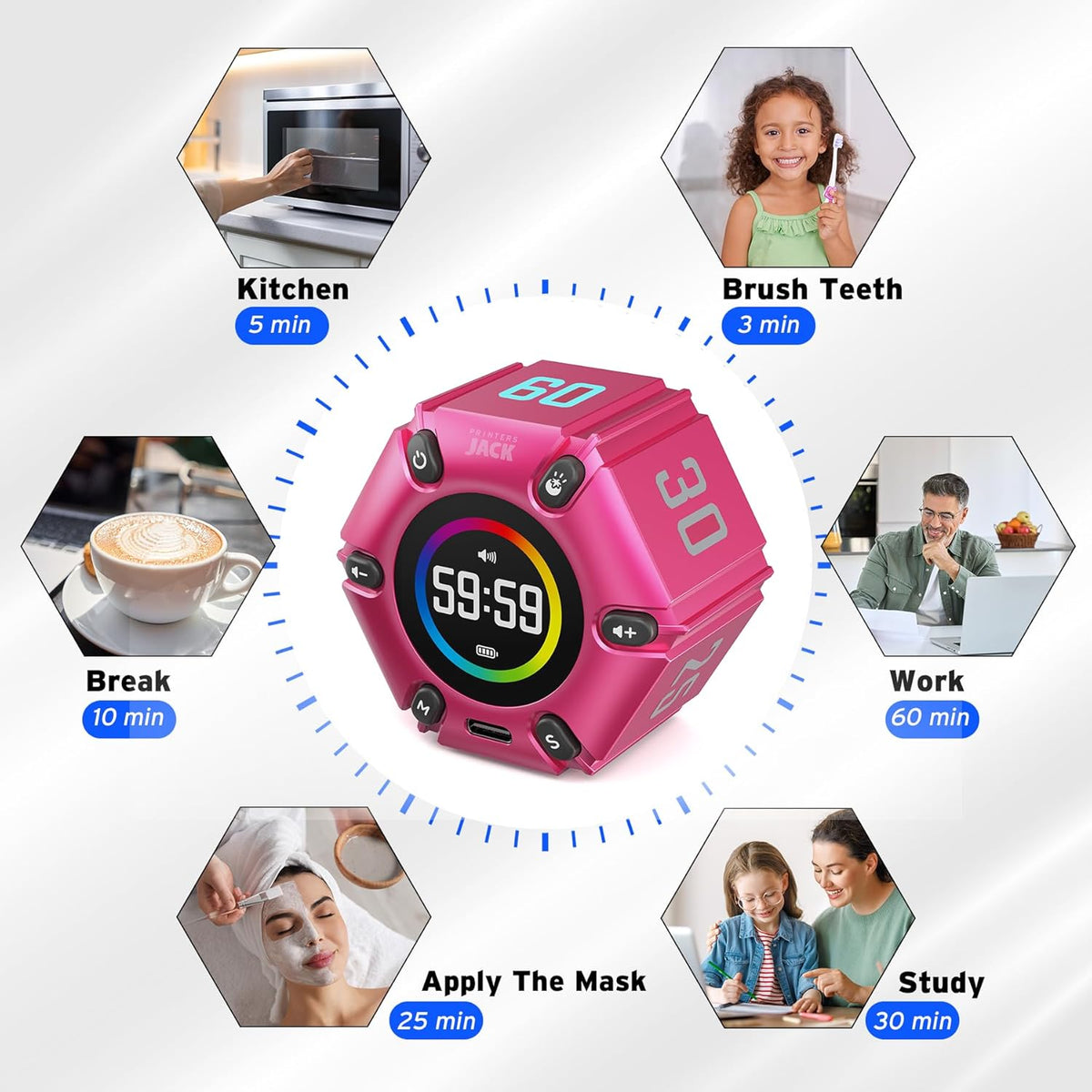 Printers Jack, Visual Pomodoro Timer, Productivity Cube Timer, Mute & Vibration & Adjustable Sound Alert, for Office, ADHD, Study, Work, 3/5/10/25/30/60min & Custom Countdown - Hot Pink