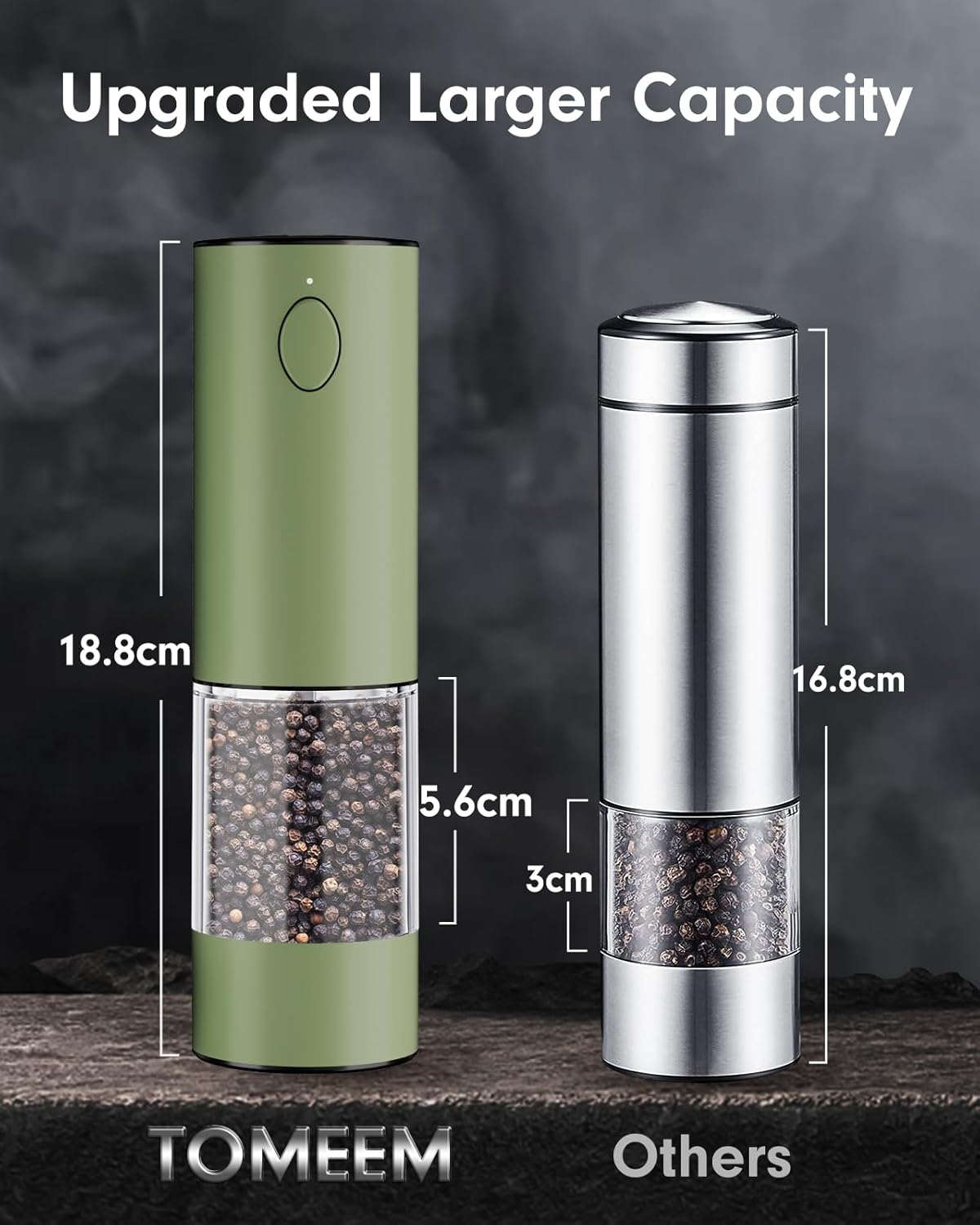TOMEEM Upgraded Larger Capacity Electric Salt and Pepper Grinder Set Rechargeable with LED lights, Stainless Steel Automatic Pepper and Salt Grinder Refillable with 5 Adjustable Coarseness Green