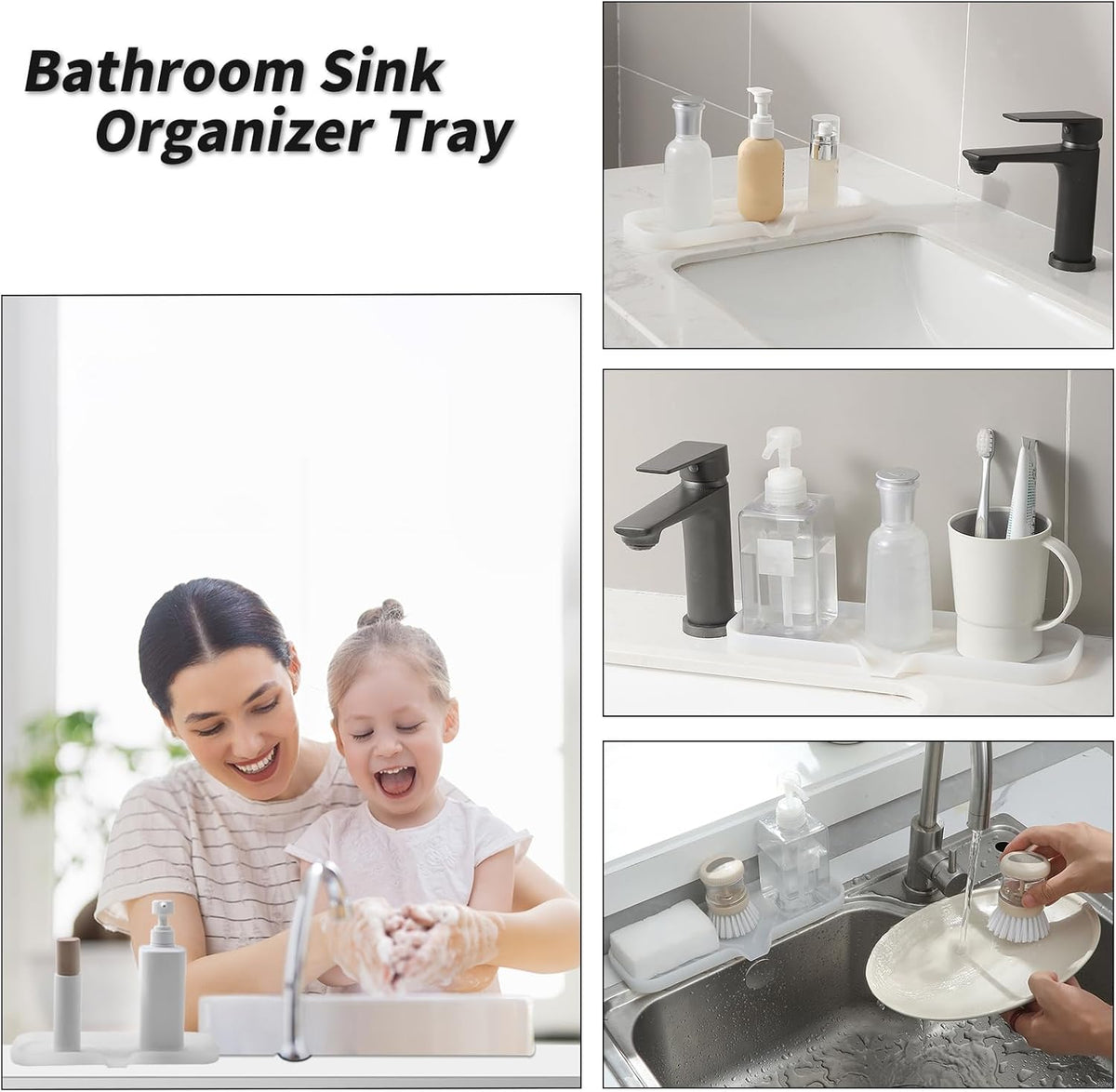 Silicone Bathroom Soap Dishes with Drain Spout-Bathroom and Kitchen Sink Organizer,Sponge Holder,Dish Soap Tray,Perfect for Dispenser,Scrubber,Bottle,Cup on Sink or Counter-Translucent 12"×4"