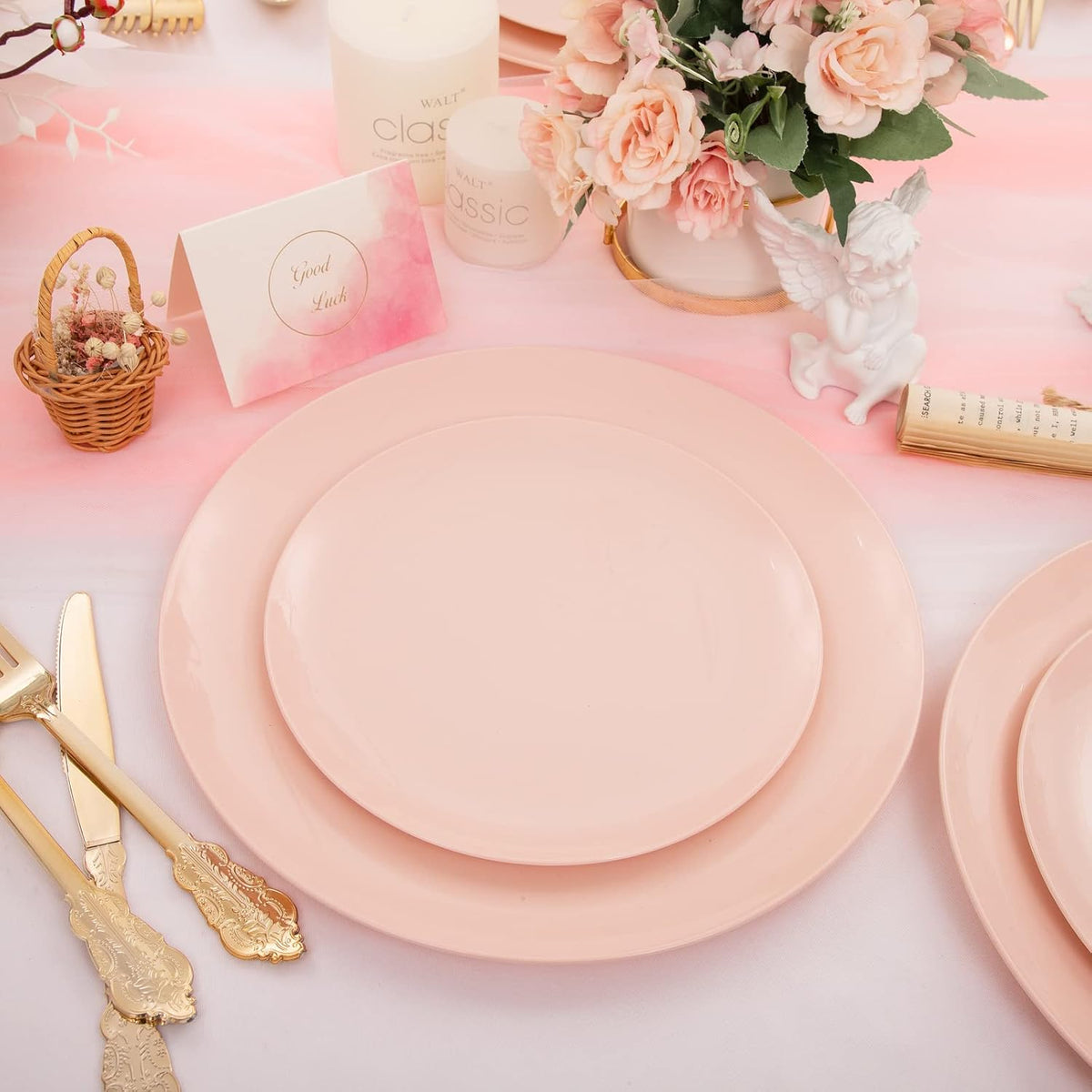 KIRE 60PCS Pink Plastic Plates Disposable - Heavy Duty Pink Plates for Party - Include 30Pieces 10.25inch for Dinner and 30Pieces 7.5inch for Dessert Salad