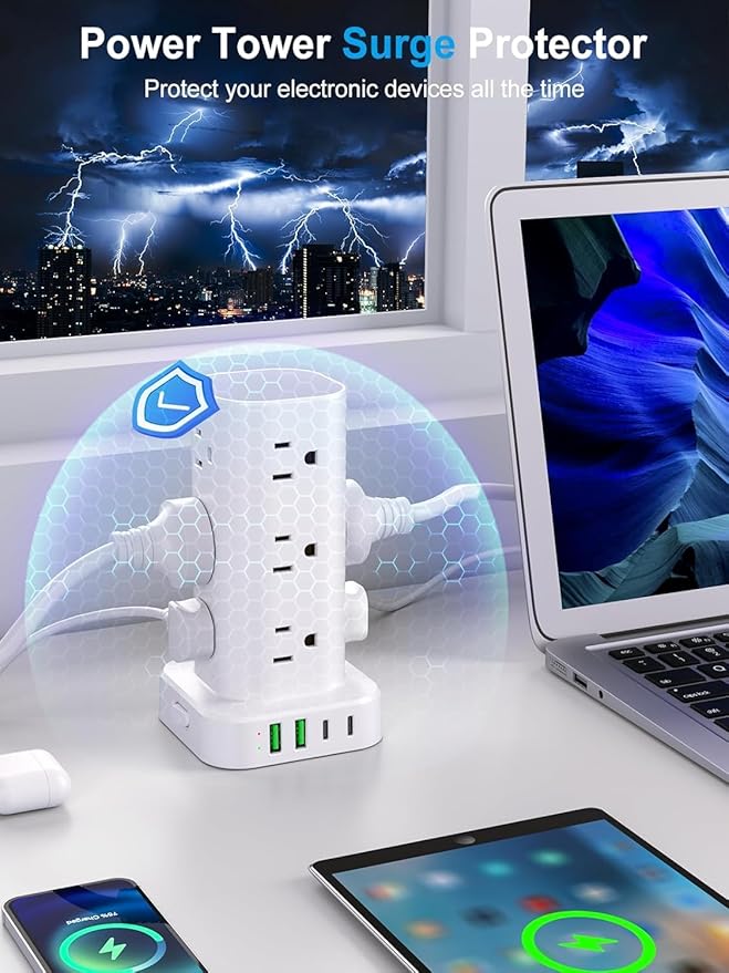 Power Strip Tower with Multiple Outlets, Flat Plug Surge Protector Tower Extension Cord with 12 AC Outlets 4 USB Ports (2 USB C), 15FT Cord Power Tower Surge Protector for Home Office Dorm Room, White