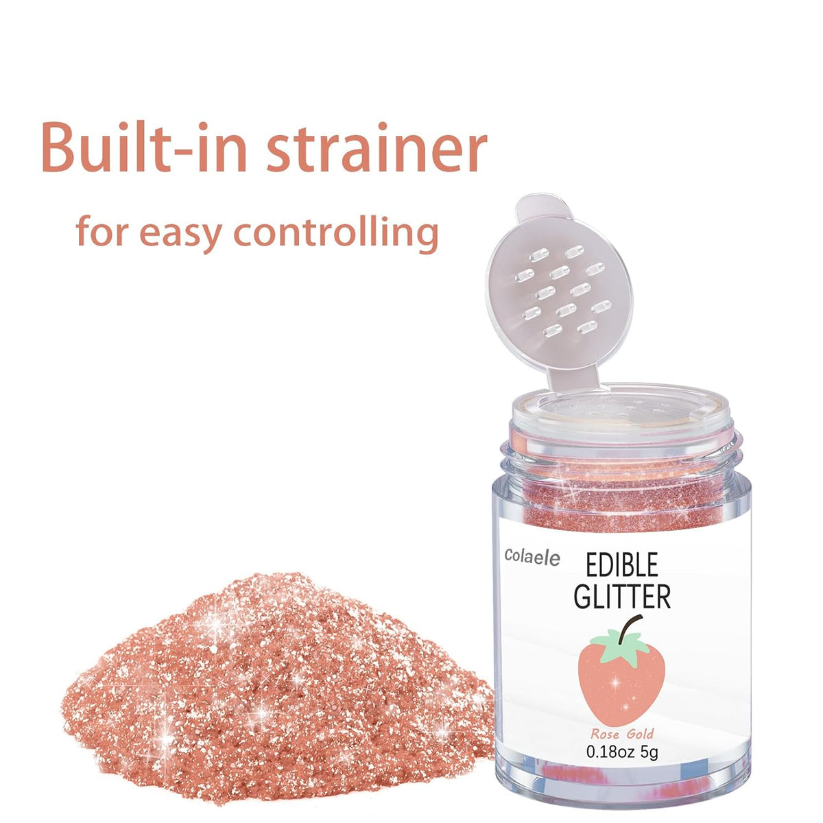 Rose Gold Edible Glitter for Cakes Drinks - Colaele 5 grams Food Grade Luster Dust Glimmer Powder Metallic Fancy Food Decorating Sprinkle Brew Glitter Dust Decorations Beverage Candy Dessert, Vegan