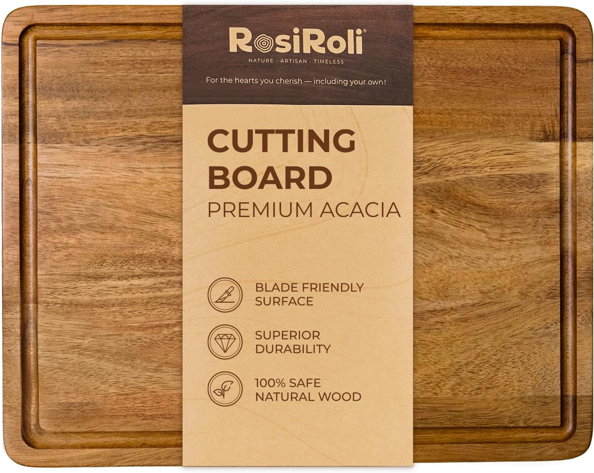 Acacia Wood Cutting Board for Kitchen - 0.8 inch Thick Wood Charcuterie Cheese Board with Side Handles and Juice Grooves, Wooden Chopping Block for Meat and Veggies, 13x10 inch