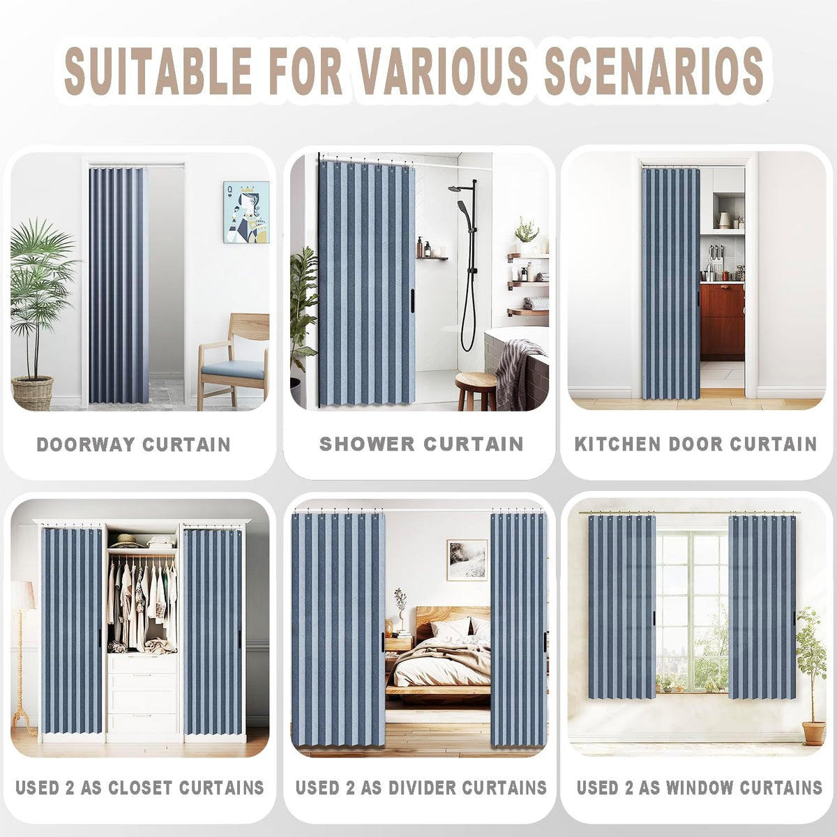Vatge Door Curtains for Doorways - Faux Linen Accordion Style Door Curtains for Open Closet, Bedroom, and Laundry Room, Bifold Door Cover for Doorway,1 Panel with Tieback, W52 x L78, Blue