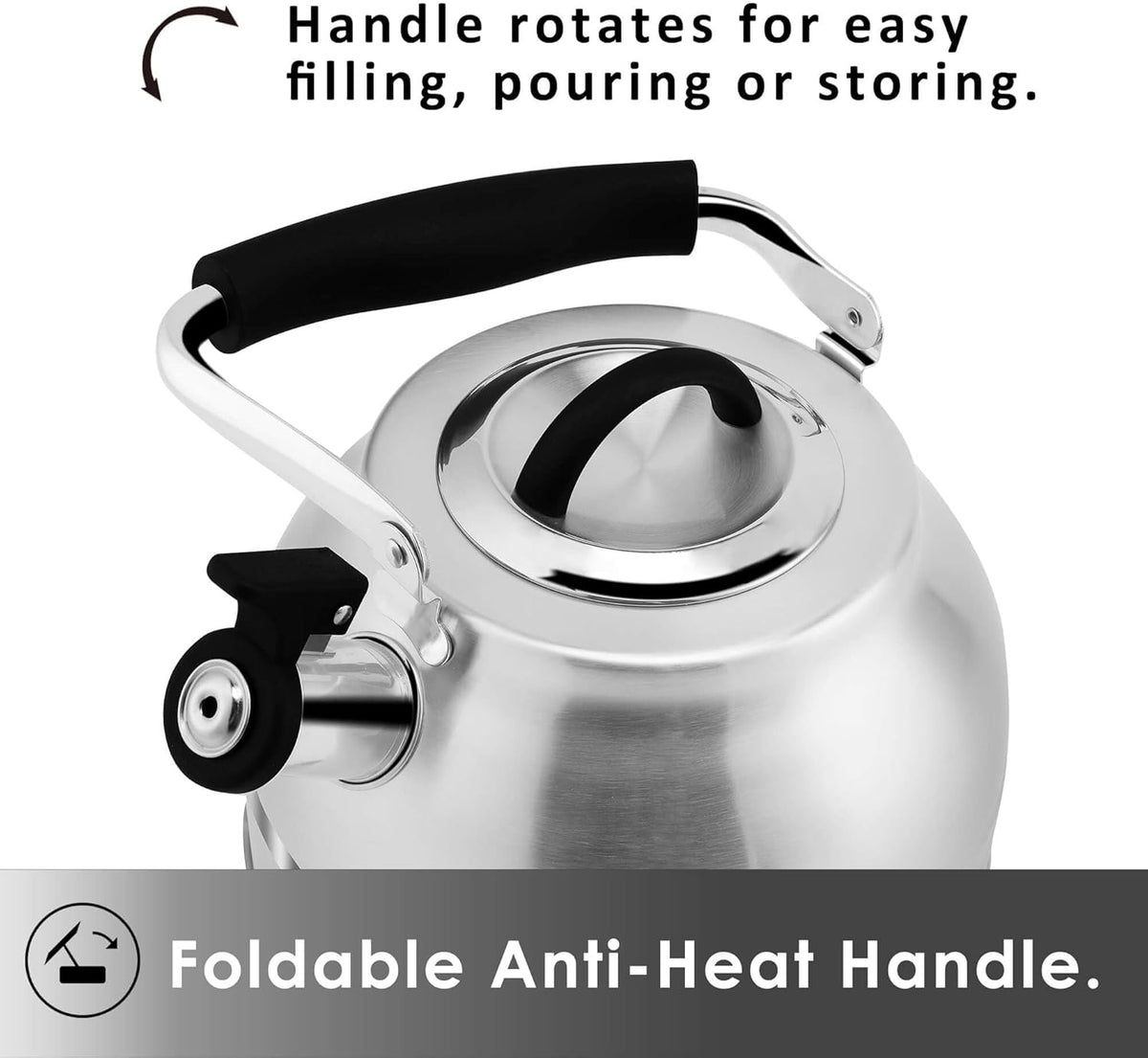 Rorence 3 Quart Tea Kettle: Stainless Steel Whistling Tea Pot with Capsule Bottom for Stovetop - Stainless Steel