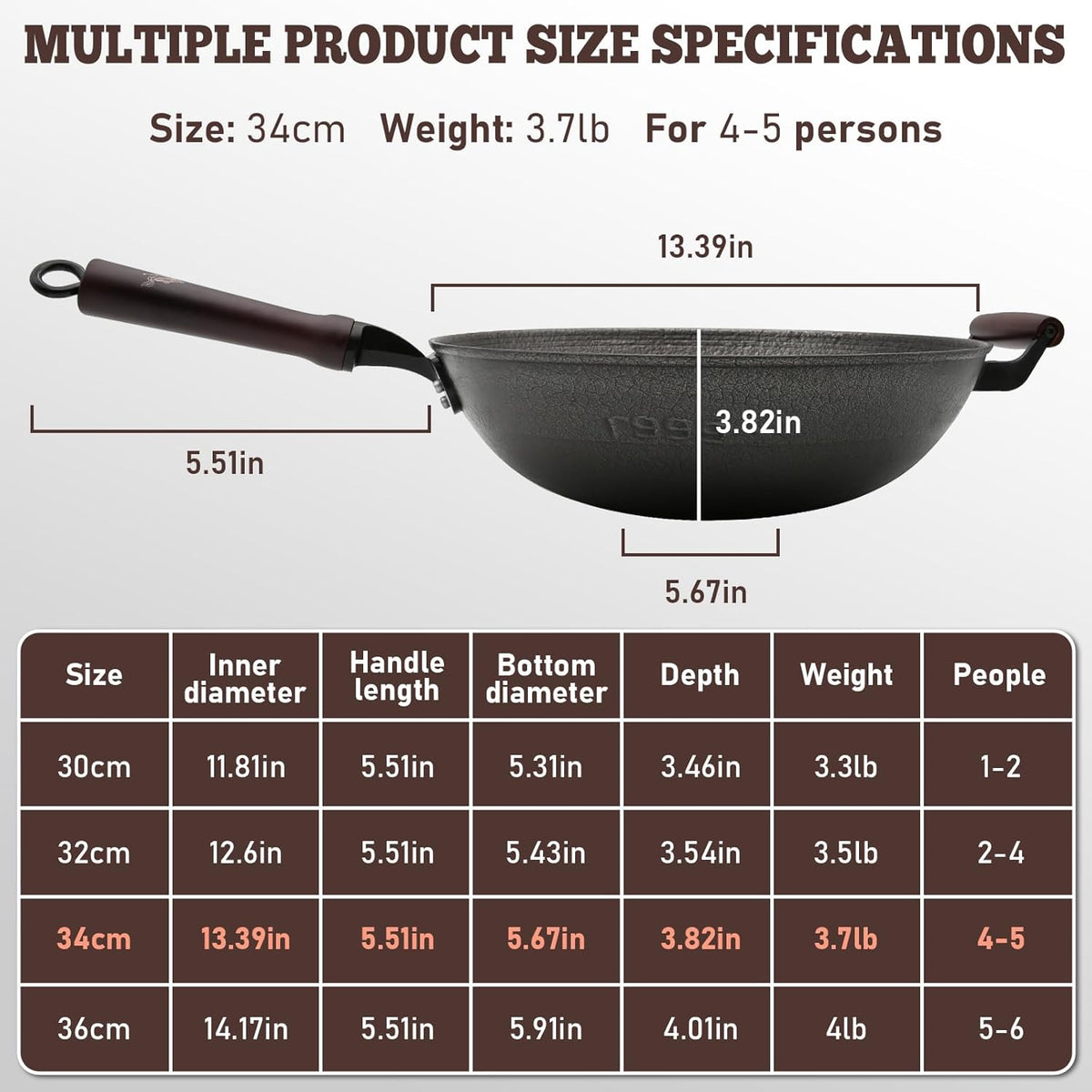 HONGJIANG Cast Iron Wok Pan, 13.4" Pre-Seasoned Flat Bottom Wok,Coating-Free Wok Stir Fry Pan With Glass Lid,Compatible Traditional Chinese Wok For Induction, Electric, Gas,Open Fire