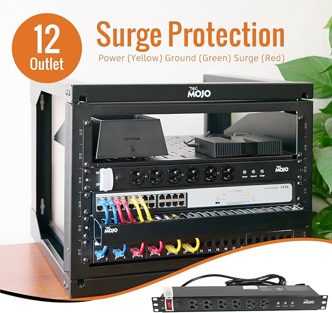 Tecmojo 1U Rackmount Network-Grade PDU Surge Protector Power Strip, 12 Outlets (6 Front, 6 Rear Wide Spaced) 12A 6ft Cord with 5-15P Lug - Black, UL Certified