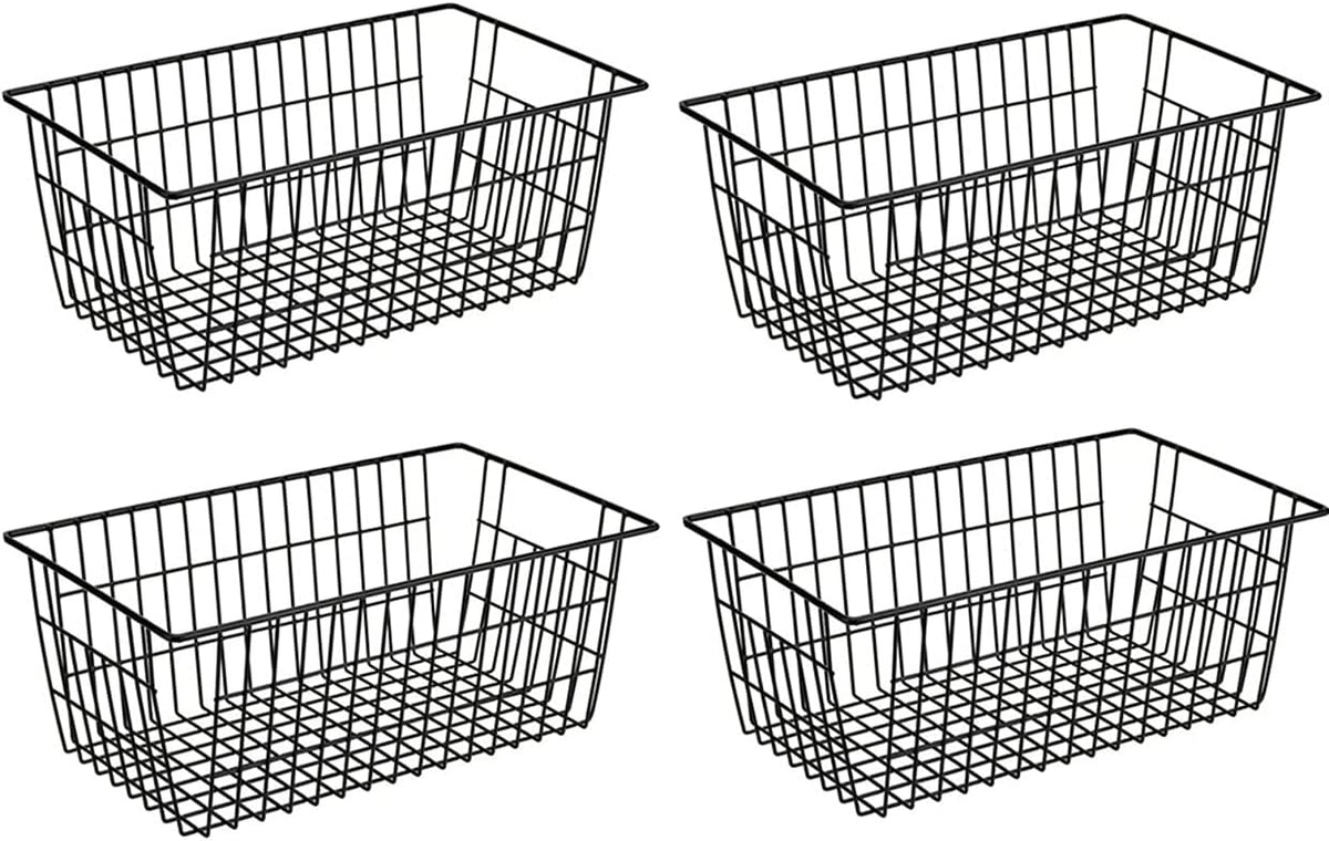 SANNO Freezer Wire Baskets, Refrigerator Freezer Baskets Wire Metal Storage Basket, Farmhouse Storage Organizer Bin for Pantry, Shelf, Kitchen, Cabinet, Bathroom Black 15.7" L x 7.9" Wx 5.9" H