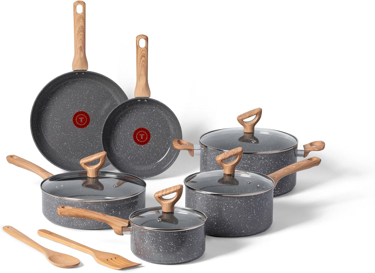 T-fal Revive Ceramic Cookware Sets, Pots and Pans Set Nonstick, (12 pieces), Ceramic Non stick Coated, Frying Pan, Oven Safe Up To 350°F, Grey Granite