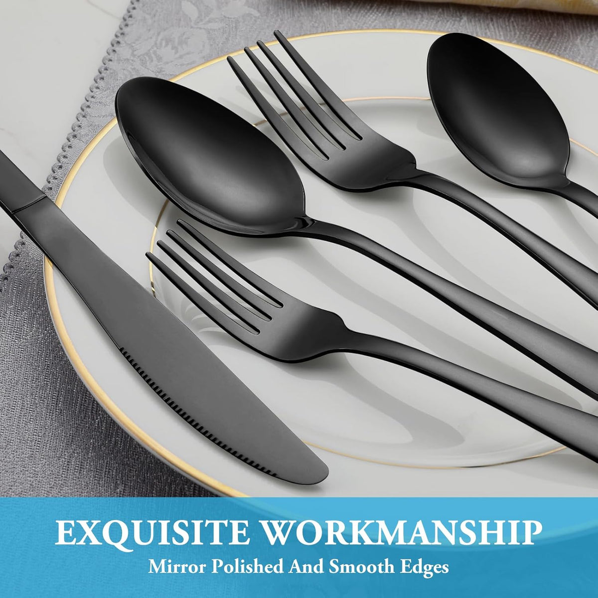 60 Pcs Black Silverware Set, Stainless Steel Flatware Set Service for 12, Mirror Polished Cutlery Utensil Set, Durable Home Kitchen Eating Tableware Set, Include Fork Knife Spoon Set, Dishwasher Safe
